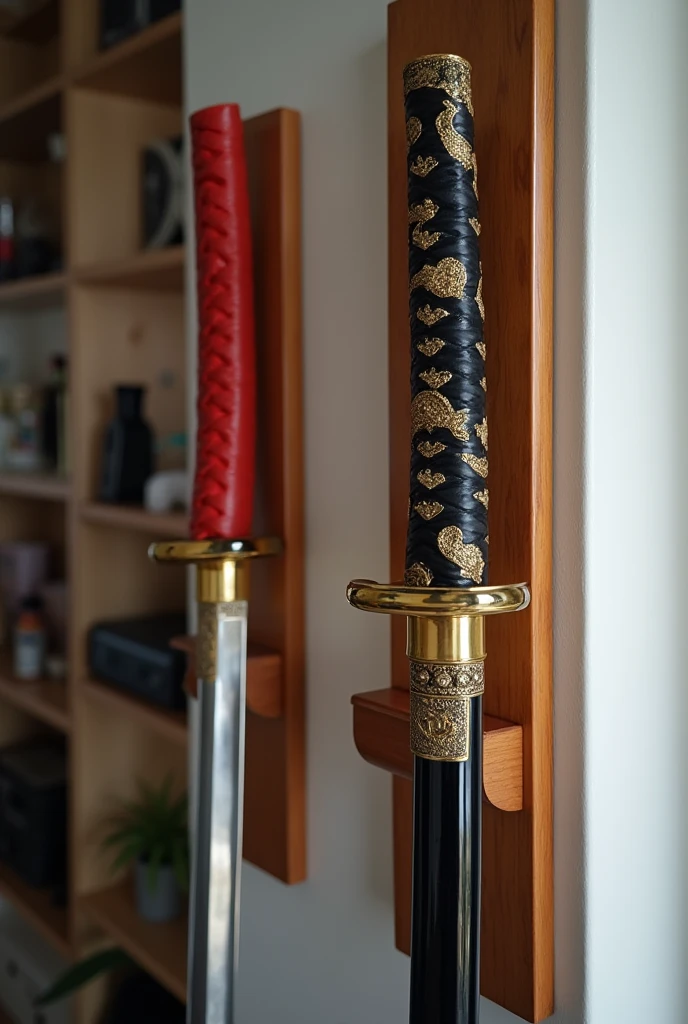 ((best quality)), ((masterpiece)), (detailed), A katana wall holder the view is from the front it's made of wood which lifts 2 katana without a case, one katana is red black the other gold black the holder has tow arms for one kartana the kartana have a shiny silver blade the cartana lay on the arms