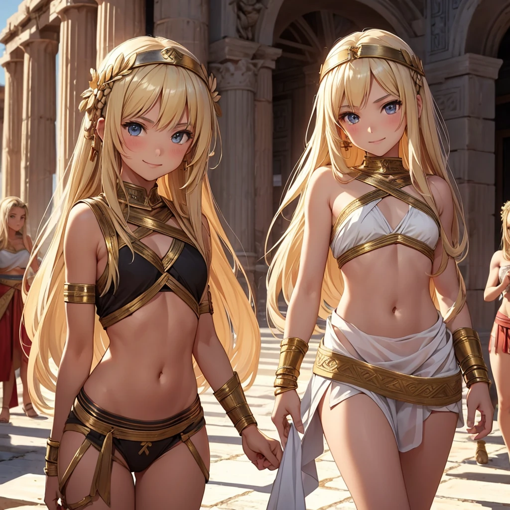 a beautiful Greek warriors  girls , Greek warrior, girls in togas ,tanned skin, cover , ancient Greece, classical Greece , warrior woman, blonde hair ,teen  , young girls, really young girls, young body, slim body, small chest , smile