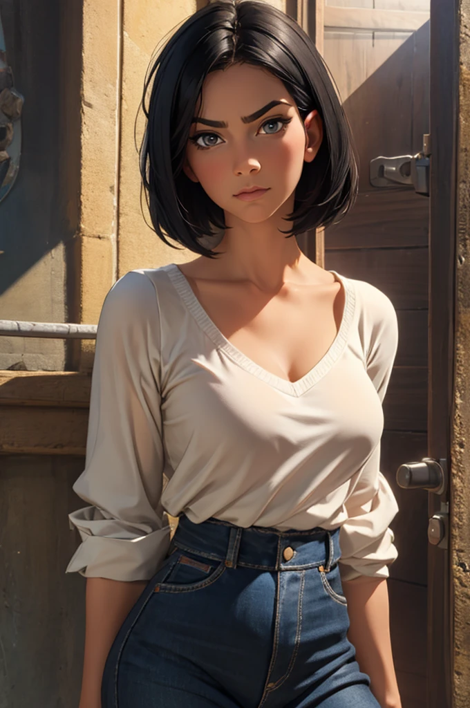 Beautiful 40 year old woman, short hair, black hair, serious face, small nose, best quality, masterpiece, big tits, natural tits, (with more clothes), view from the front