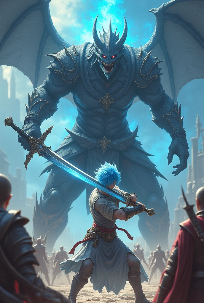 A young man with light blue hair and a large dark blue sword is defeating the demon king while being watched by many heroes.