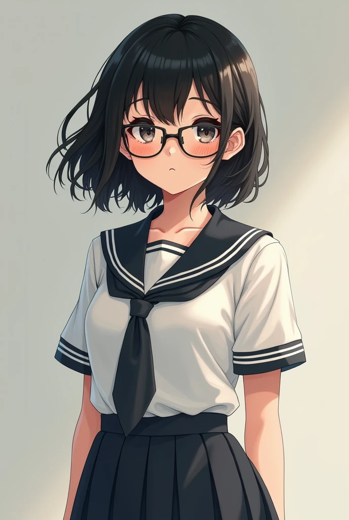 something realistic: a light skinned girl, round eyes, eyebrows and eyelashes that highlight your face in a good way, small nose, low forehead, chubby cheeks, somewhat voluptuous body and hourglass shape. with school uniform, semi wavy black hair, with a cut of Wolft cut. That she looks like a real girl and a more youthful and more serious appearance that uses glasses that mark her face symmetrically, while she smiles, but it doesn't look like a "anime". Now that it seems to "taksumaki" de one punch man, but full body
