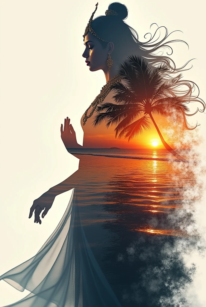 high quality, 8K Ultra HD, A beautiful double exposure that combines an indian goddess silhouette with sunset coast, sunset coast should serve as the underlying backdrop, with its details incorporated into the goddess , crisp lines, The background is monochrome, sharp focus, double exposure, by yukisakura, awesome full color,