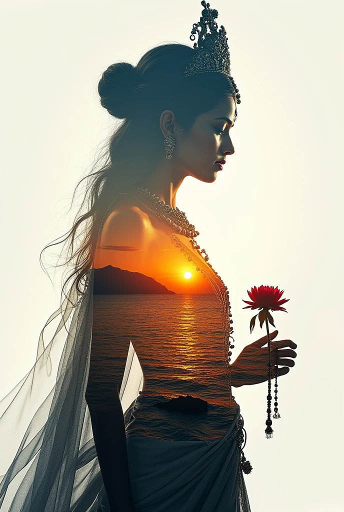 high quality, 8K Ultra HD, A beautiful double exposure that combines an indian goddess silhouette with sunset coast, sunset coast should serve as the underlying backdrop, with its details incorporated into the goddess , crisp lines, The background is monochrome, sharp focus, double exposure, by yukisakura, awesome full color,