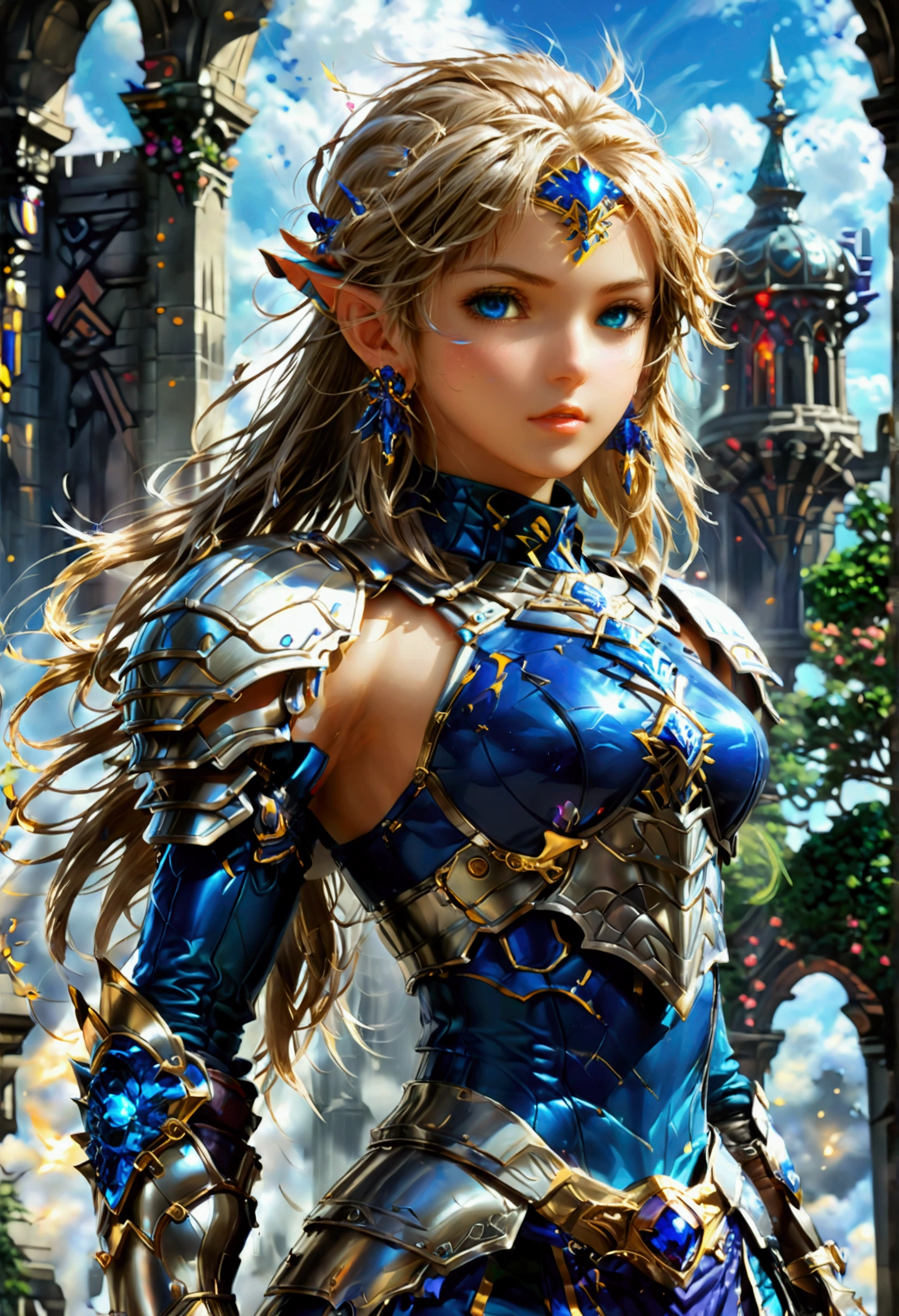 (Lenneth from 'Valkyrie profile':1.4), BREAK: bright_gold_trimmed_sapphire_blue_plate mechanical_armor, (damaged chest armor exposing skin:1.3), glowing sword raised in victory, thigh cutout, long skirt, (heelless sapphire armored boots:1.37), BREAK: (wide angle:1.4),(full length portrait:1.37), standing, contrapposto stance, light smile, magical castle ruins, fluffy snow falls, BREAK: detailed face, detailed hands, (16k, absurdres, masterpiece, best quality), fantasysword, wings on hips, F41Arm0rXL