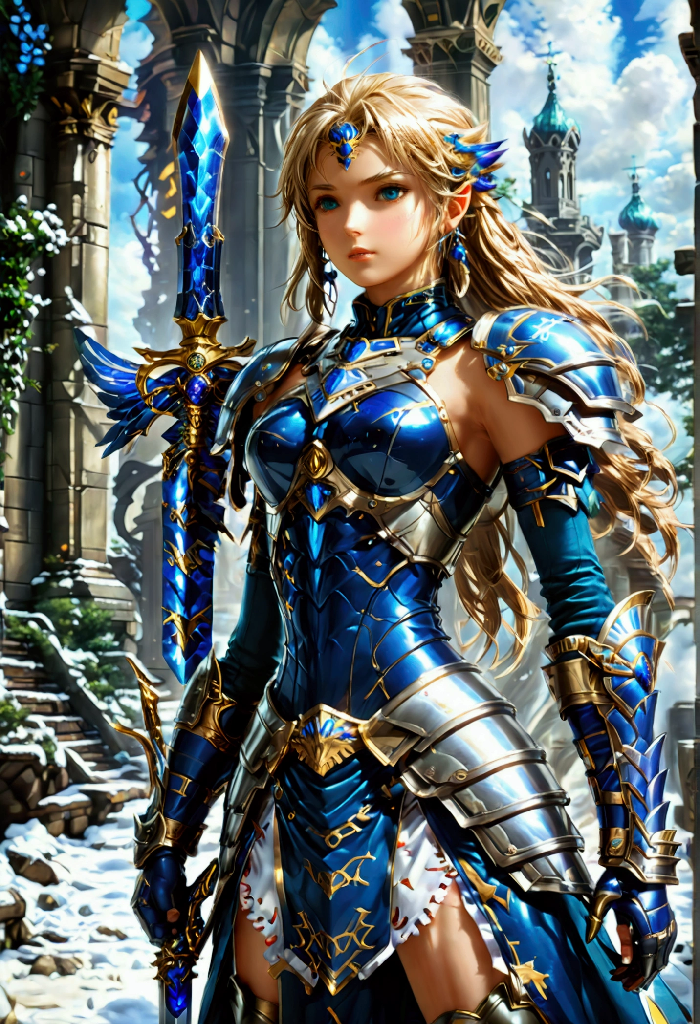 (Lenneth from 'Valkyrie profile':1.4), BREAK: bright_gold_trimmed_sapphire_blue_plate mechanical_armor, (damaged chest armor exposing skin:1.3), glowing sword raised in victory, thigh cutout, long skirt, (heelless sapphire armored boots:1.37), BREAK: (wide angle:1.4),(full length portrait:1.37), standing, contrapposto stance, light smile, magical castle ruins, fluffy snow falls, BREAK: detailed face, detailed hands, (16k, absurdres, masterpiece, best quality),  fantasysword, wings on hips, F41Arm0rXL 