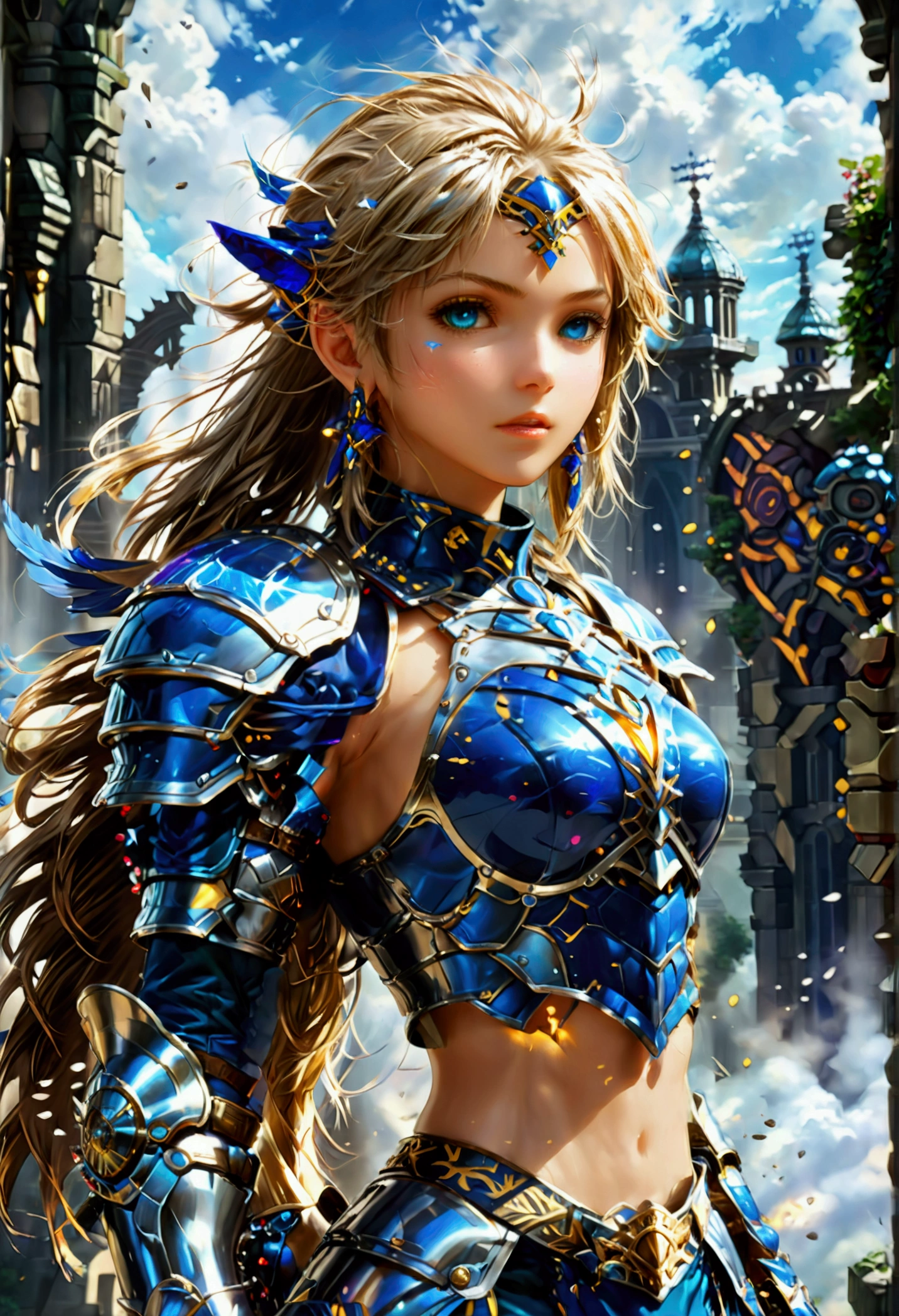 (Lenneth from 'Valkyrie profile':1.4), BREAK: bright_gold_trimmed_sapphire_blue_plate mechanical_armor, (damaged chest armor exposing skin:1.3), glowing sword raised in victory, thigh cutout, long skirt, (heelless sapphire armored boots:1.37), BREAK: (wide angle:1.4),(full length portrait:1.37), standing, contrapposto stance, light smile, magical castle ruins, fluffy snow falls, BREAK: detailed face, detailed hands, (16k, absurdres, masterpiece, best quality),  fantasysword, wings on hips, F41Arm0rXL 