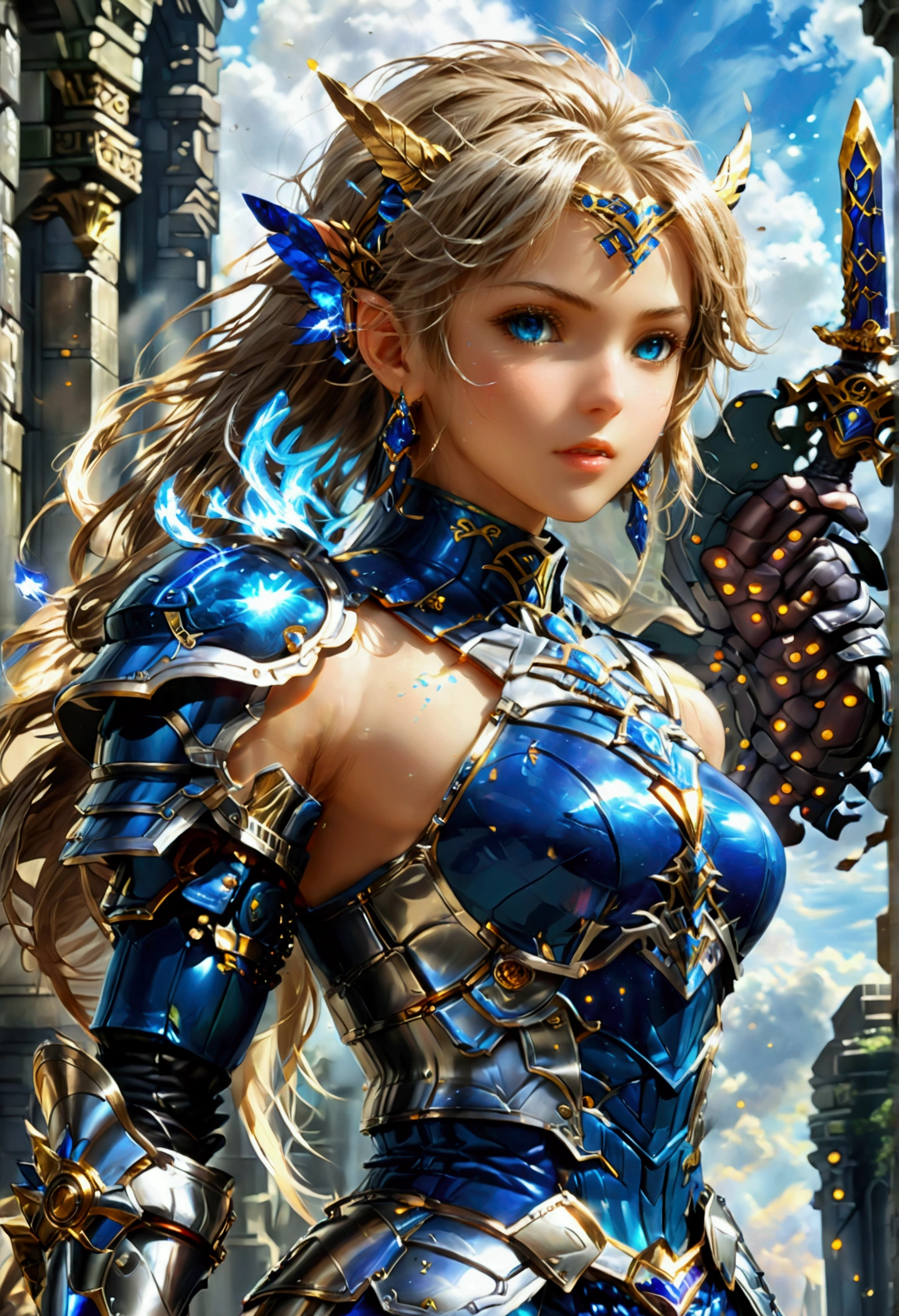 (Lenneth from 'Valkyrie profile':1.4), BREAK: bright_gold_trimmed_sapphire_blue_plate mechanical_armor, (damaged chest armor exposing skin:1.3), glowing sword raised in victory, thigh cutout, long skirt, (heelless sapphire armored boots:1.37), BREAK: (wide angle:1.4),(full length portrait:1.37), standing, contrapposto stance, light smile, magical castle ruins, fluffy snow falls, BREAK: detailed face, detailed hands, (16k, absurdres, masterpiece, best quality), fantasysword, wings on hips, F41Arm0rXL