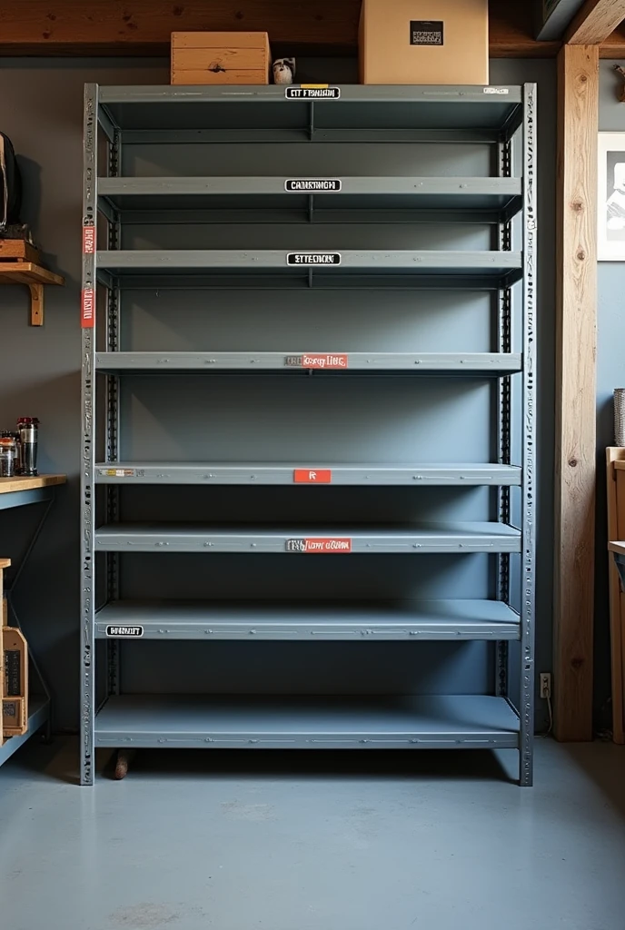 steel shelving with labeled shelf