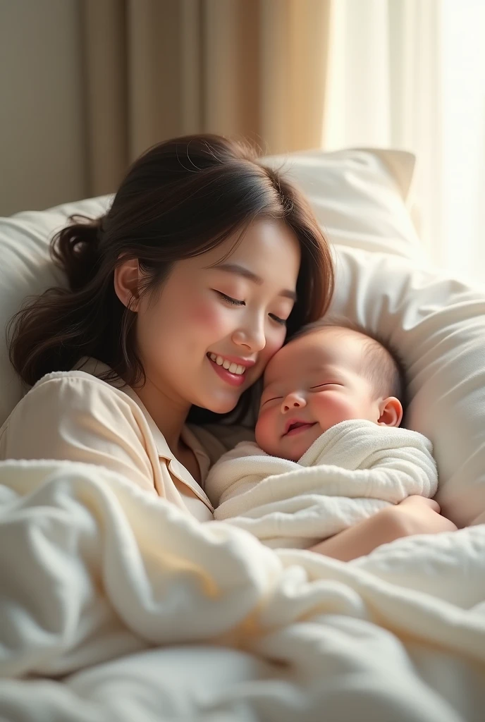 Generate realistic images of happy baby with mother in bed 