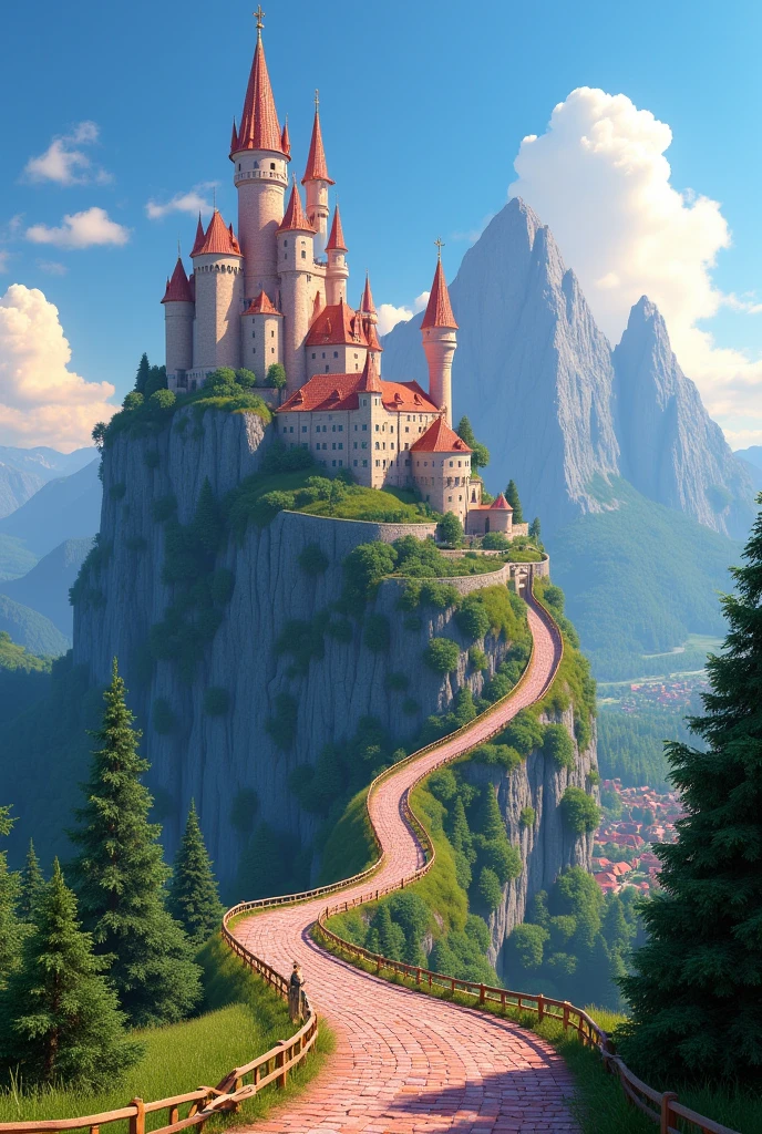 Prompts
Copy
Make a Disney Pixar-style poster, in 3d, a castle in the mountain cliff with bricks road and a beautiful scenery at the back of a village 