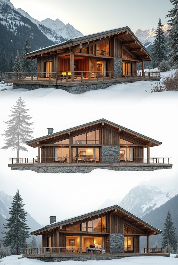 Act as an architect designer and give me the 2D architectural plans, floor plan and profile and architectural details of a 120 square meter alpine-style cabin with three rooms of 9 square meters each, the main room 15 square meters, a kitchen of 15 square meters, three bathrooms each of 4 square meters and the rest of the area divided into a living room, dining room, study, and balconies.