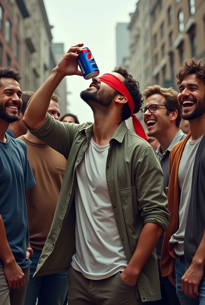 Man drinking Pepsi blindfolded with several men around laughing