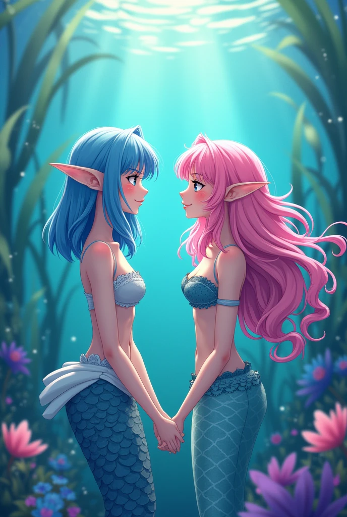 An elf with shoulder-length blue hair and a mermaid with pink wavy hair in anime style 