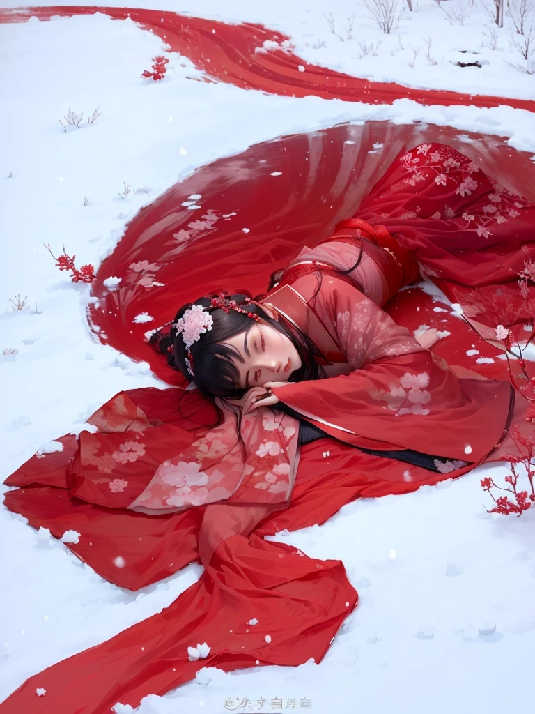 Japanese woman in red dress lying on snow covered ground, inspired by Zhang Yan, with frozen flowers around her, Hanfu, in a red dream world, sha xi, inspired by Chen Yifei, Palace , a girl in Hanfu, Inspired by Tang Yifen, Jinna Zhang, inspired by Ma Yuanyu, inspired by Zhang Xuan