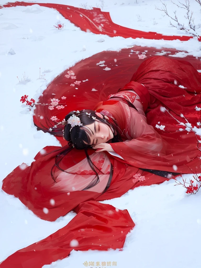 Japanese woman in red dress lying on snow covered ground, inspired by Zhang Yan, with frozen flowers around her, Hanfu, in a red dream world, sha xi, inspired by Chen Yifei, Palace , a girl in Hanfu, Inspired by Tang Yifen, Jinna Zhang, inspired by Ma Yuanyu, inspired by Zhang Xuan