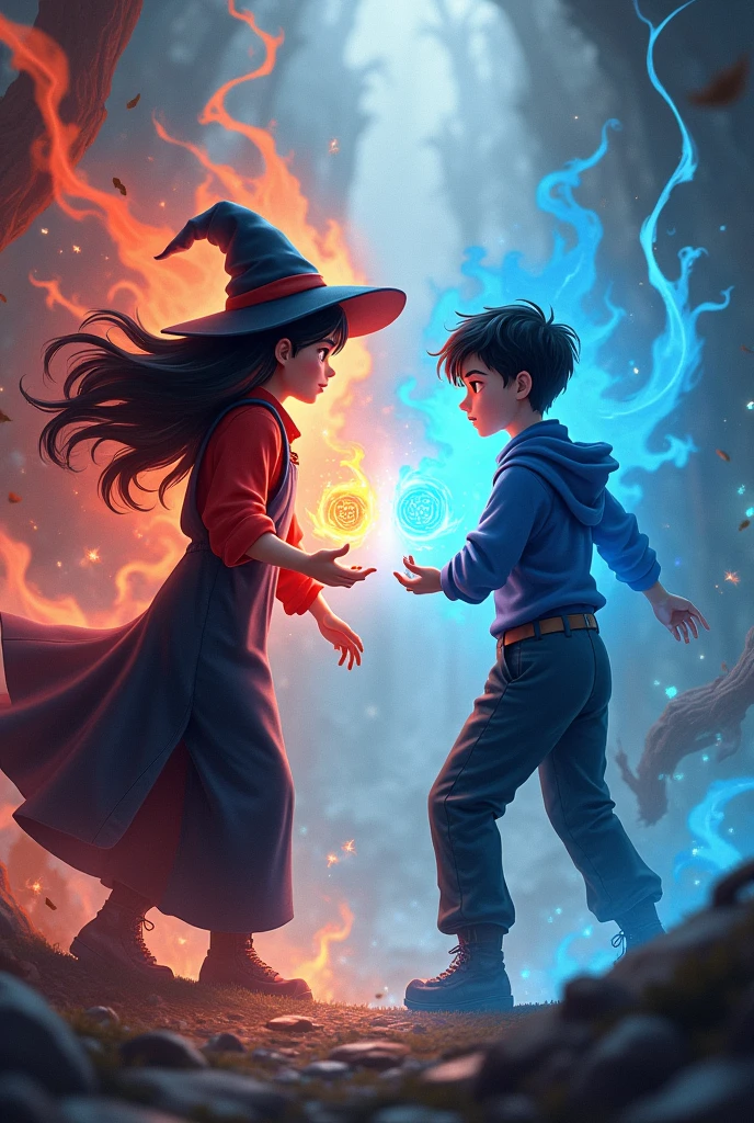 A wizard with black hair, A 13 year old, with a dungaree jumpsuit over a red blouse and a pointy hat and his magic is red fighting with his brother who wears blue casual clothes and has blue magic, 