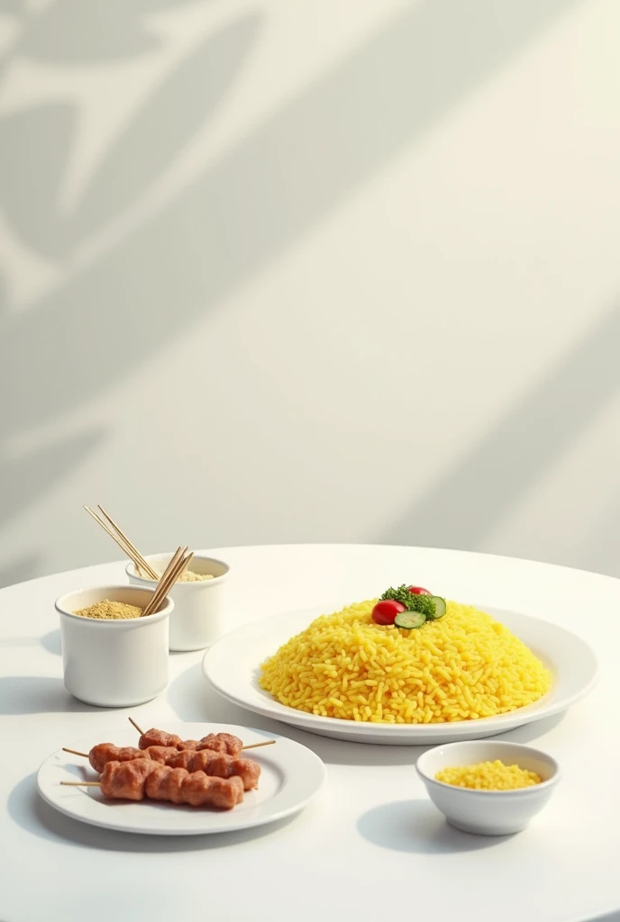 On a white plastic table, a small portion of rice on a plate. The rice is yellow and a small pot of yellow flour, but only a little bit. In the other small pot, some small vegetables cut into small pieces and a plate with some meat skewers.
