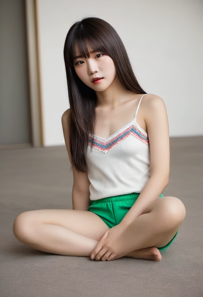 masutepiece, Best Quality, in 8K、Japanese ido、(15 year old girl:1.5)、(Embarrassed look:1.3) 、(Camisole and shorts:1.5)、(Sit on both knees:1.6)、(Smaller chest)、(Smooth straight hair:1.7)、Very white skin、Letting down your bangs、Detailed body、Detailed hand、No makeup