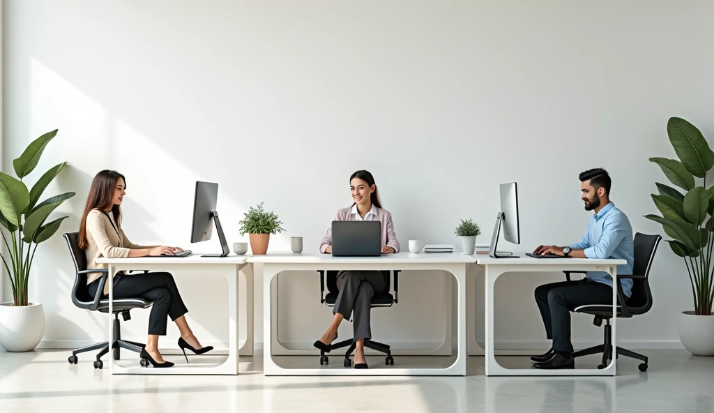 High-quality photograph of a minimalist office with three Caucasian employees. detailed faces. Individual workstations. 