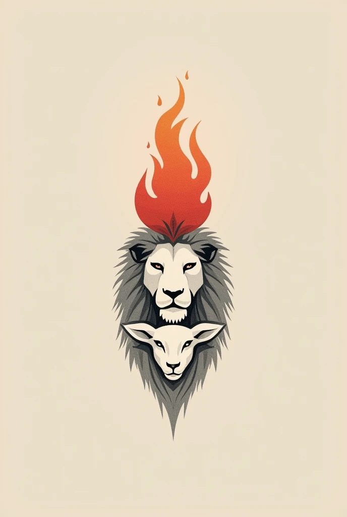 Minimalist tattoo of a lion's face looking to the left. A lamb's face below looking to the right and a large flame between them.