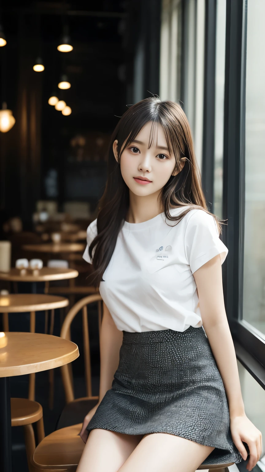 A beautiful girl with a cute and small face、Sweet, thick lips that drive men crazy、Gazing with clear eyes、Big 、Japanese girl raw々new portrait, Realistic, Ultra-high resolution, highest quality, (A thin uniform that reveals her slightly saggy breasts: 1.2、Ultra mini skirt), (From below: 1.2), Sitting in a chair, Arms crossed, (Panty shot: 1.2), (High-end cafe: 1.4) break (Natural skin texture, Detailed skin, Hyperrealism, Ultra Sharpness), Intricate details, Depth of written boundary, Dim lighting, Korean Idols, Nogizaka Idol, Idol Sculpture, actress, Fashion model posing to invite a man