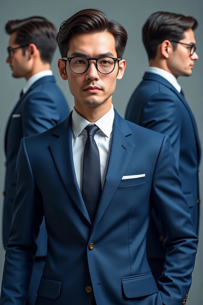 

*"A realistic, high-quality image of a man in a blue suit with glasses, maintaining a serious expression. Create several versions of this character with different head orientations: one looking left, one looking right, and one facing forward. The image should retain detailed features like the well-fitted blue suit, neatly combed hair, and classic round glasses. The background should be neutral and simple, such as a gradient or plain color, to keep the focus on the character."*

---