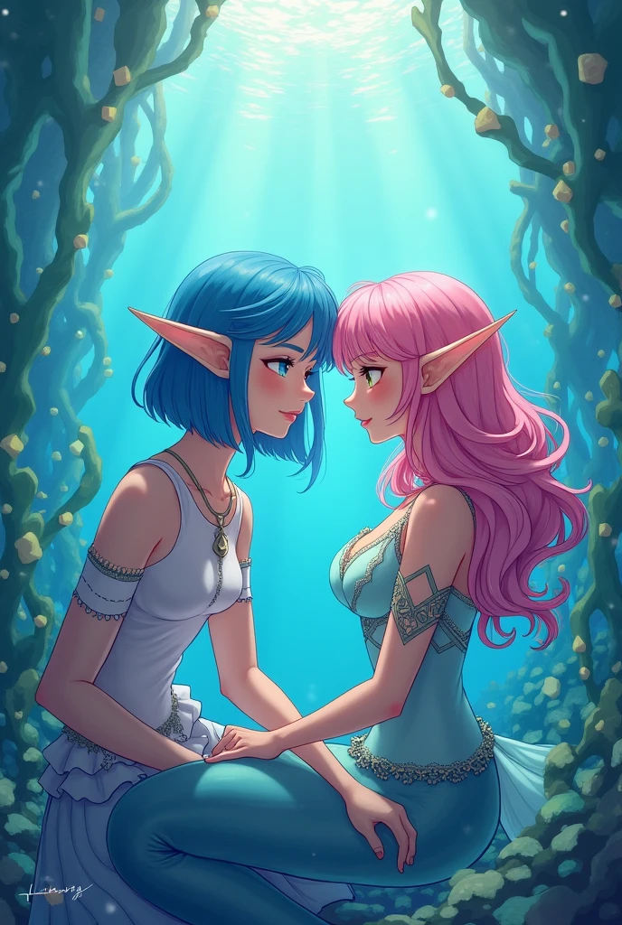 An elf with shoulder-length blue hair and a mermaid with pink wavy hair in anime style 