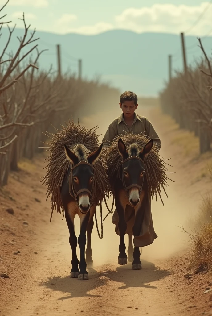 Spain, 19th century, a poor boy, wearing old, oversized clothes, walks behind a donkey carrying bundles of wood along a dirt road in an arid field in Extremadura.
Cinematographic shot. Image of sadness, poverty and melancholy. mejor calidad, 8k