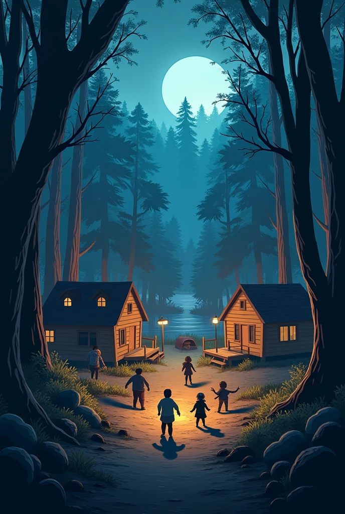 Creat a YouTube thamnail for animation stroy the hunted holiday camp in the animation form