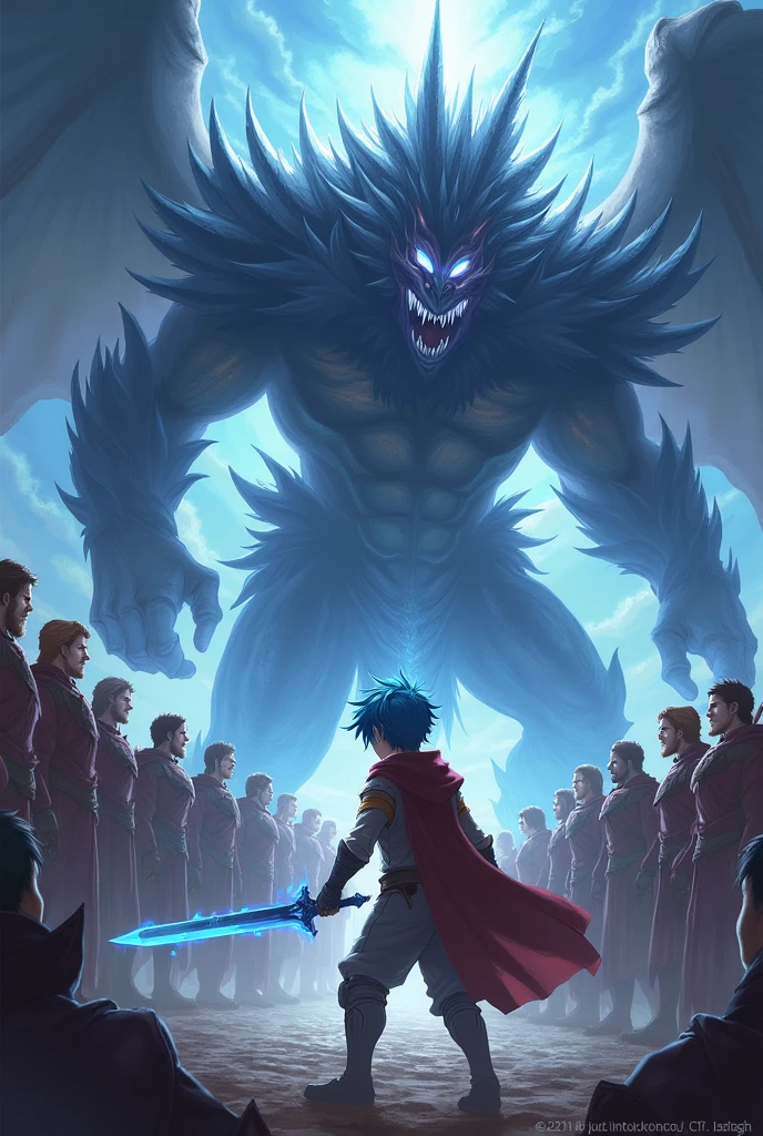 A young man with light blue hair and a dark blue sword is defeating the demon king while being watched by many heroes. 