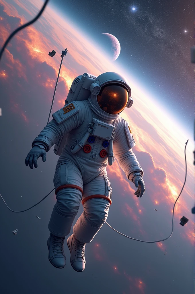 "Draw an astronaut floating in the vastness of space, tethered to a sleek spacecraft. The background should feature a stunning view of a distant galaxy or nebula, with vibrant colors and intricate details. The astronaut's suit can have futuristic elements, and their helmet should reflect the cosmic scenery. Add a sense of depth and wonder by including floating space debris and distant stars."