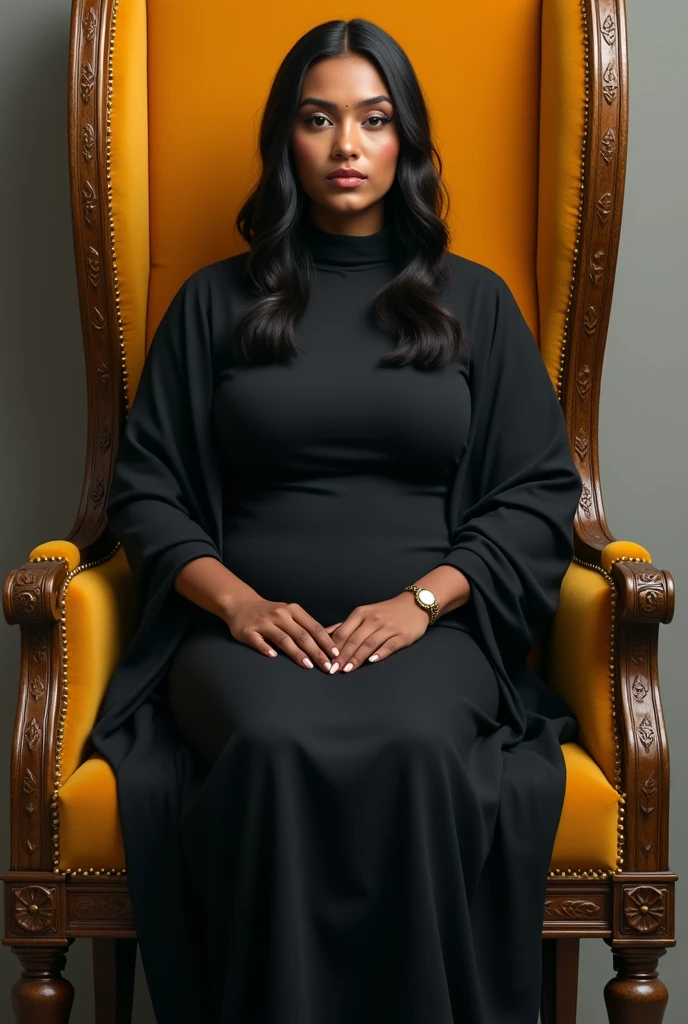wearing black full body cover with Academic regalia (big breasts 1.2,butt ) beautiful sri lankan wealthy girl foward sit in chair( indian yellow color)