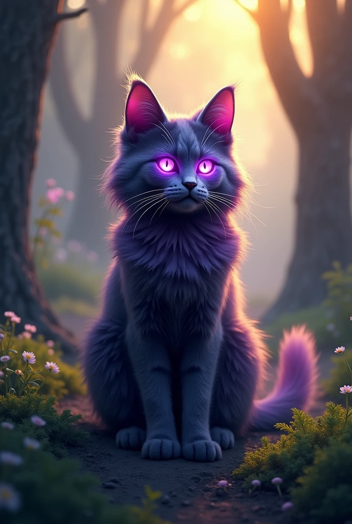 a magical nebelung cat with a purple mask, enchanted forest, sunlight filtering through trees, detailed feline features, soft fur, mysterious glowing eyes, elegant pose, photorealistic, 8k, hyper detailed, dramatic lighting, vibrant colors, fantasy, dreamlike, magical realism