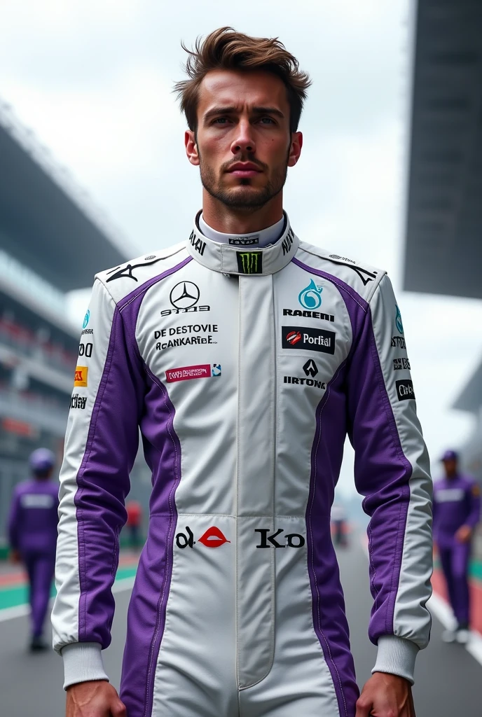 Formula 1 driver in white and purple suit