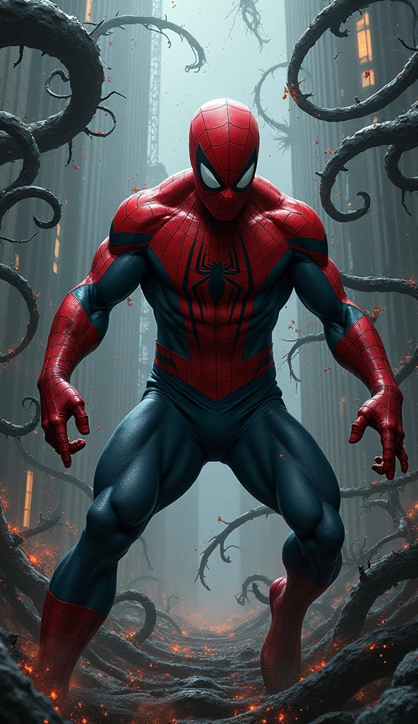 Spider-Man fights with every fiber of his being, trying to maintain control as the creature feeds his darkest doubts and fears., Retro comic style artwork, perfect composition,hyperrealistic,super detailed,high quality,sharp focus,studio photo,intricate details,highly detailed