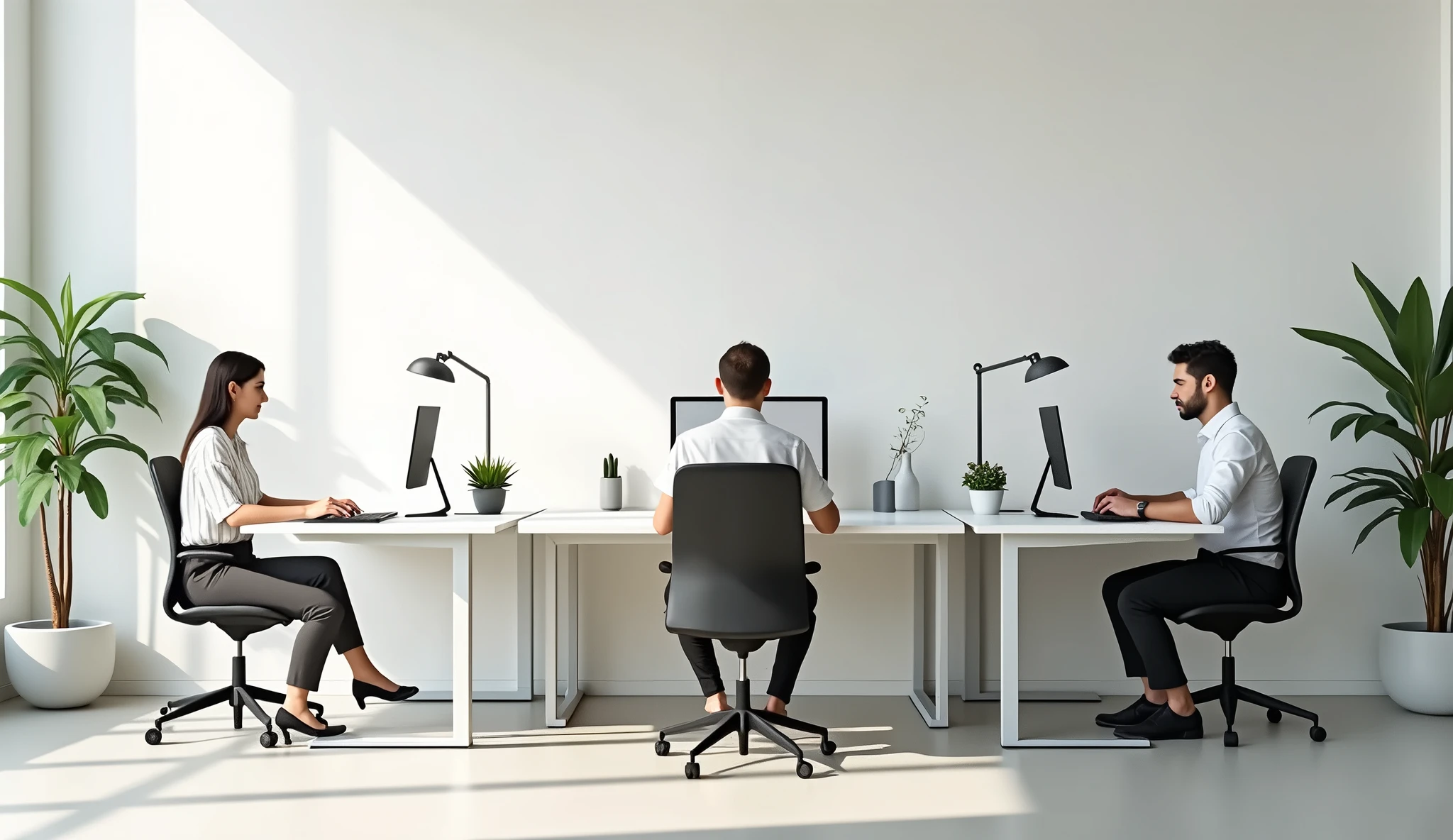 High-quality photograph of a minimalist office with three Caucasian employees. detailed faces. Individual workstations.