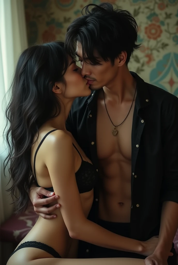 (Realisttic:1.2), Analog photography style, Beautiful woman, sitting on top of a man, with grey eyes and long black hair, Soft natural light, cute and sexy, without a blouse and with black lingerie, man in black shirt with unbuttoned buttons, they kiss passionately, great quality, masterpiece, detailed strange background, Best Performance, 16k quality, HdR, raw photo