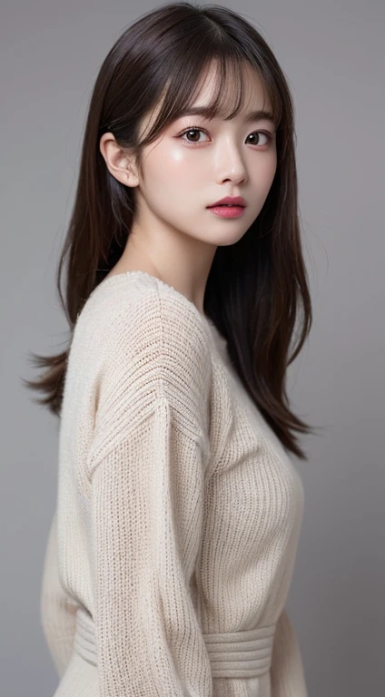 finely detail, hight resolution, hightquality、Perfect dynamic composition, Beautiful detailed eyes, Medium Hair, small tits、Natural Color Lip,Kamimei、Shibuya、20 years girl、1 persons、Transparent skin、Glowing hair、masutepiece, Best Quality, Illustration, Ultra-detailed, finely detail, hight resolution, 8K、The correct state of the human body、Randomly cute poses,Ponytail hair,beauty legs,Perfect beautiful face,KPOP Idol Face,Face that feels ecstasy,Pale light grey knitted dress,Background blur,Randomly dress up as a model for a women's fashion magazine