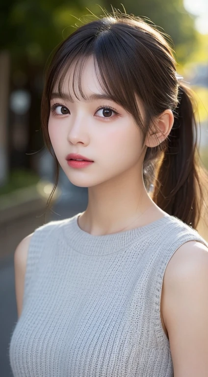 finely detail, hight resolution, hightquality、Perfect dynamic composition, Beautiful detailed eyes, Medium Hair, small tits、Natural Color Lip,Kamimei、Shibuya、20 years girl、1 persons、Transparent skin、Glowing hair、masutepiece, Best Quality, Illustration, Ultra-detailed, finely detail, hight resolution, 8K、The correct state of the human body、Randomly cute poses,Ponytail hair,beauty legs,Perfect beautiful face,KPOP Idol Face,Face that feels ecstasy,Pale light grey knitted dress,Background blur,Randomly dress up as a model for a women's fashion magazine