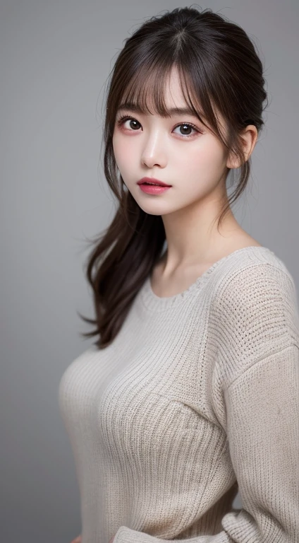finely detail, hight resolution, hightquality、Perfect dynamic composition, Beautiful detailed eyes, Medium Hair, small tits、Natural Color Lip,Kamimei、Shibuya、20 years girl、1 persons、Transparent skin、Glowing hair、masutepiece, Best Quality, Illustration, Ultra-detailed, finely detail, hight resolution, 8K、The correct state of the human body、Randomly cute poses,Ponytail hair,beauty legs,Perfect beautiful face,KPOP Idol Face,Face that feels ecstasy,Pale light grey knitted dress,Background blur,Randomly dress up as a model for a women's fashion magazine