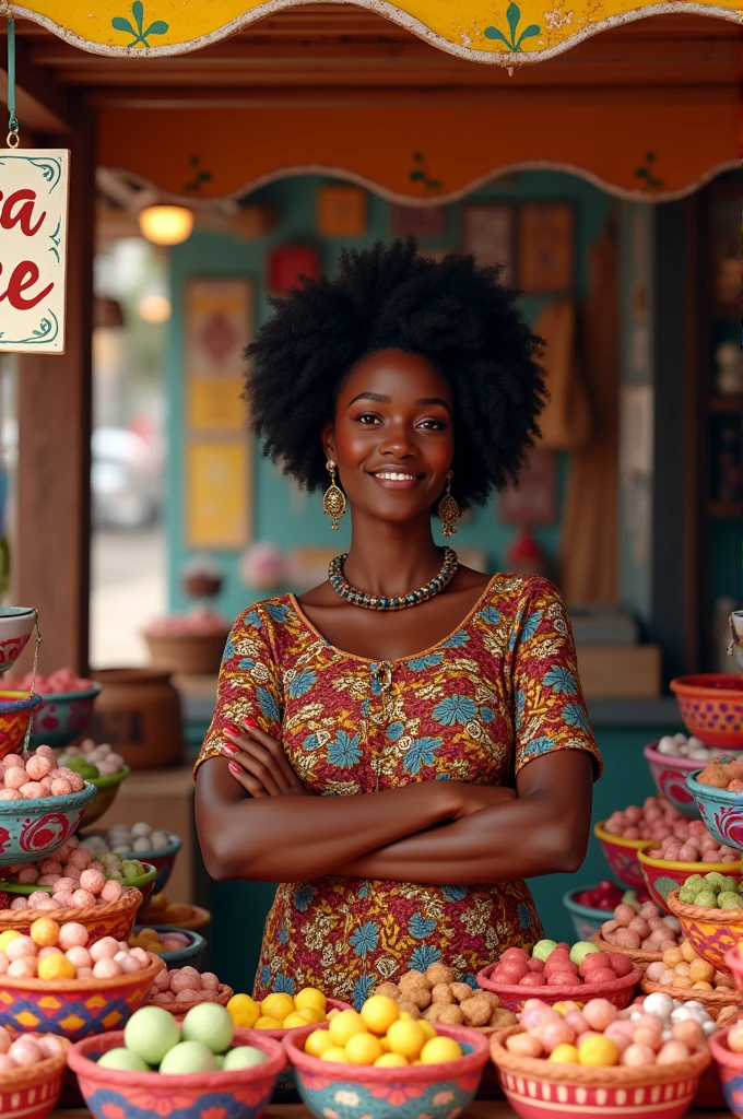 Create an image of a black woman selling candy With the name Mara DOCES