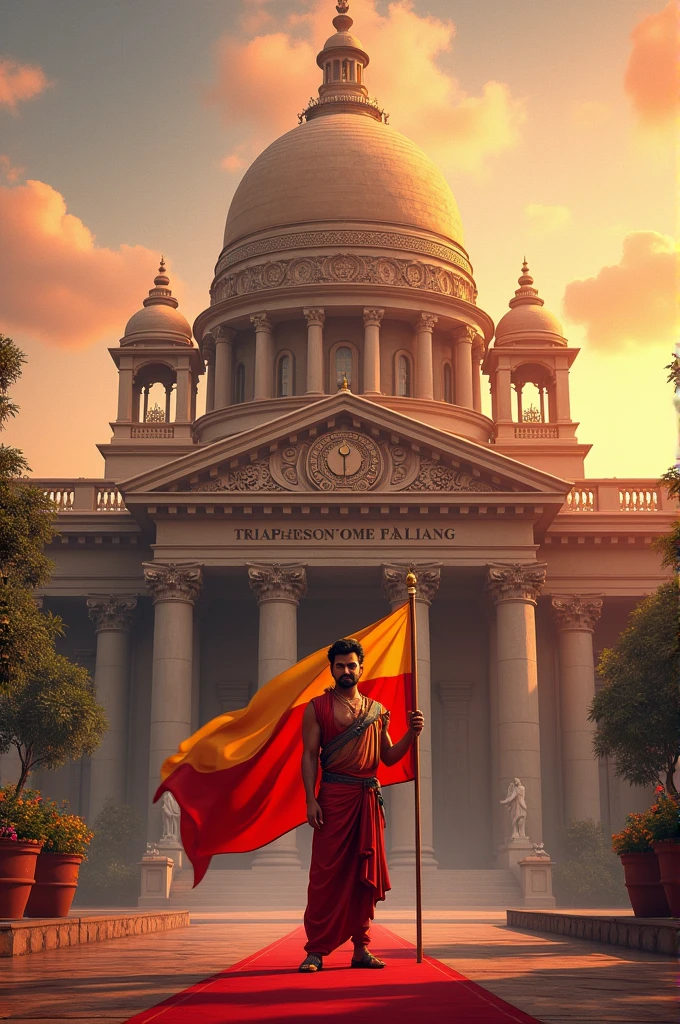 A large ornate building with a domed roof and intricate architectural details. The building has Tamil and English text on the facade. The background suggests an urban setting thalapathy Vijay standing with flag of red and yellow in the sunrise morning reddish