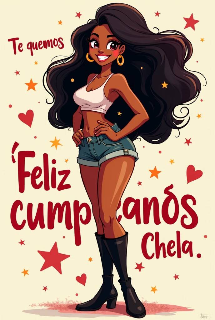 Create a creative birthday card with the following text in Spanish and make sure it is clearly visible:
Main Text: "Happy Birthday!" Additional Message: "we love you, chela." Includes a beer sticker.
The image must show a woman with dark skin, A great smile, long hair and lips, wearing shorts and long black boots. Make sure the image does not cover the text and that the letters stand out more than the image so that the message is clear and prominent..
