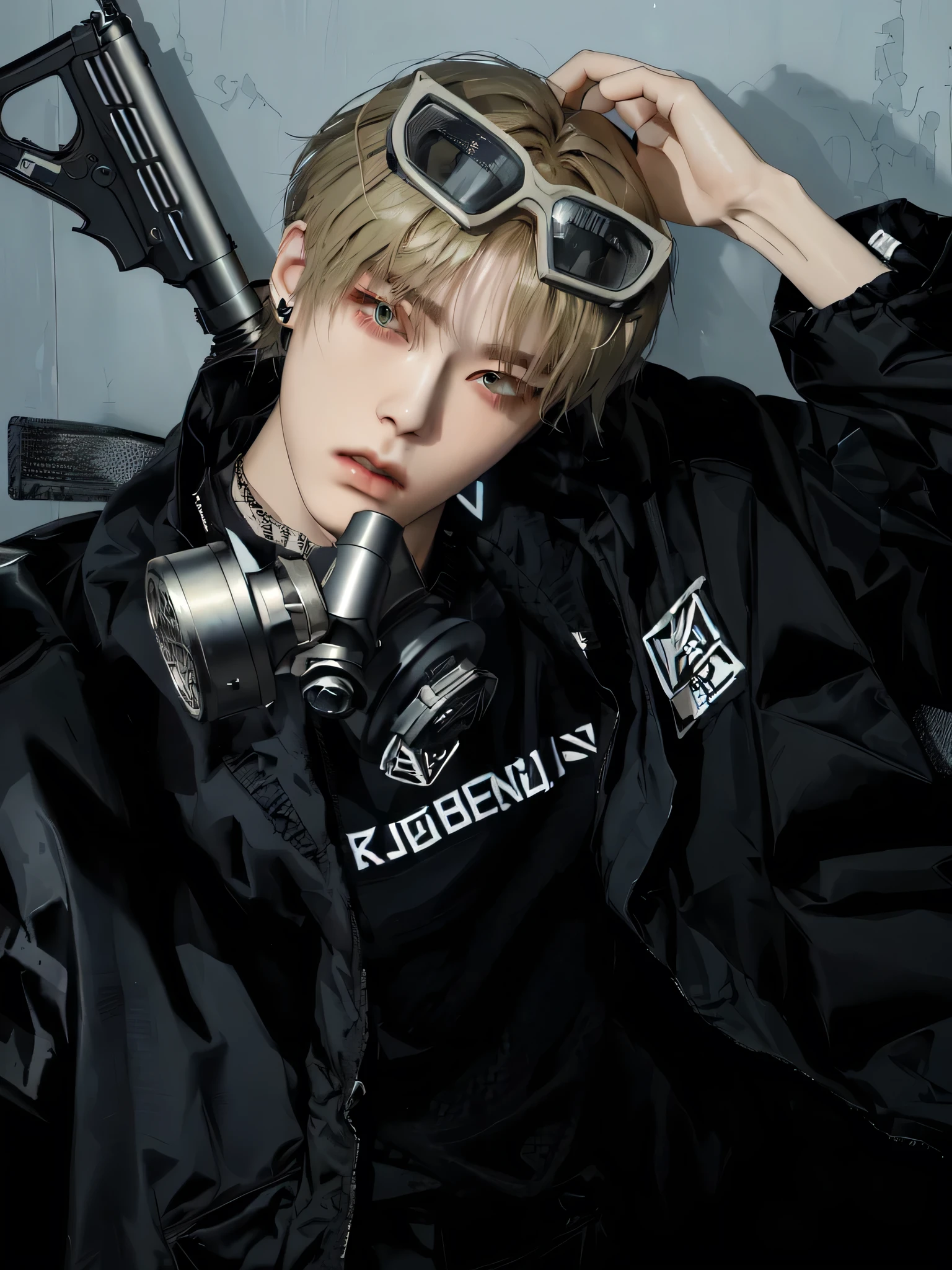 there is a man wearing a gas mask and holding a gun, jung jaehyun, bladee from drain gang, kim doyoung, wearing japanese techwear, cai xukun, cyberpunk streetwear, skeb.jp, wearing cyberpunk streetwear, key anime visuals, neo - dada, neo-dada, sakimichan, with pistol