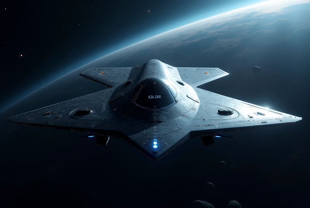 Hyper-advanced 7th generation space-capable stealth fighter, absolutely no vertical stabilizers or tail surfaces of any kind. Perfectly symmetrical flying wing design with ultra-smooth blended body. Extremely low-observable shape with faceted surfaces and no visible joints or seams. Completely flat upper and lower surfaces with no protrusions. Unmanned, no cockpit visible. Ultra-black light-absorbing coating with subtle hexagonal pattern. Retractable weapon bays seamlessly integrated into the wing-body. Quantum AI core hidden within. Swarm of small stealthy drones in symmetrical formation around the craft. Advanced space propulsion system with faint blue glow at rear edges only. Self-repairing smart skin with uniform texture. Holographic displays projected internally. Flying in deep space with Earth as a small blue marble in far background, surrounded by vivid starfield. Photorealistic, highly detailed, dramatic lighting emphasizing stealth contours, 8K resolution, front three-quarter view showing perfect bilateral symmetry and sleek, tailless profile.