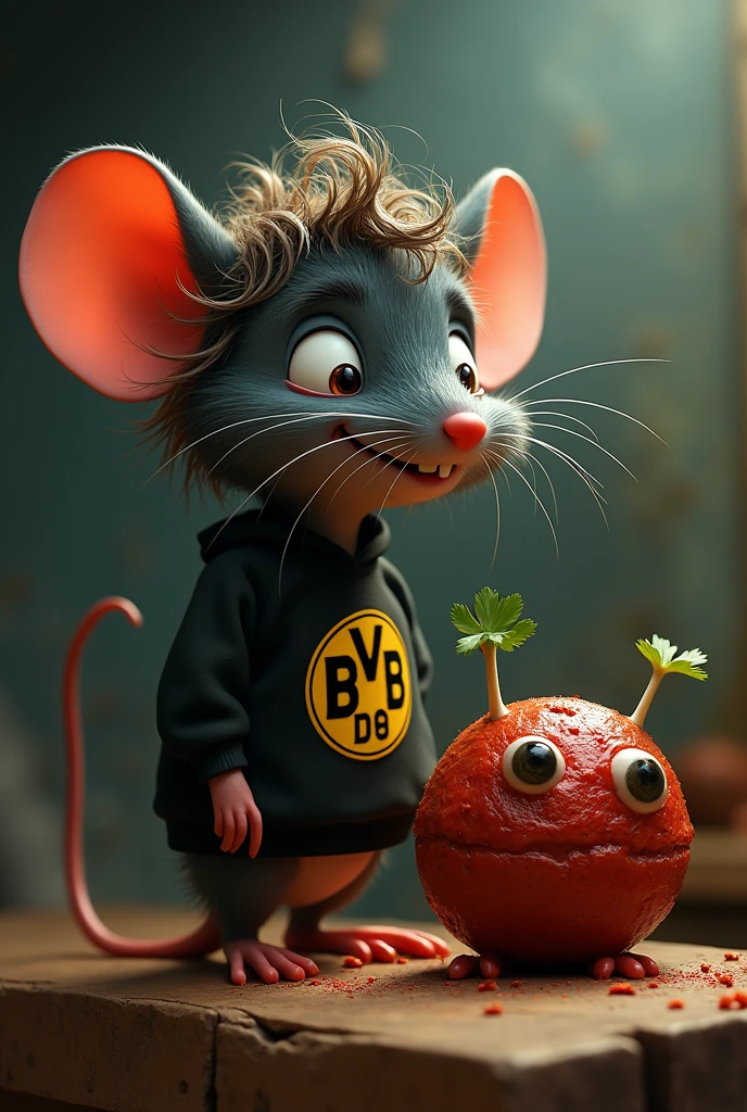Disney Pixar horror title cover "RATALITO and the meatball* appearance a mutant mouse with long curly hair clothing a borussia dortmund sweatshirt next to him a meatball with feet and eyes next to him