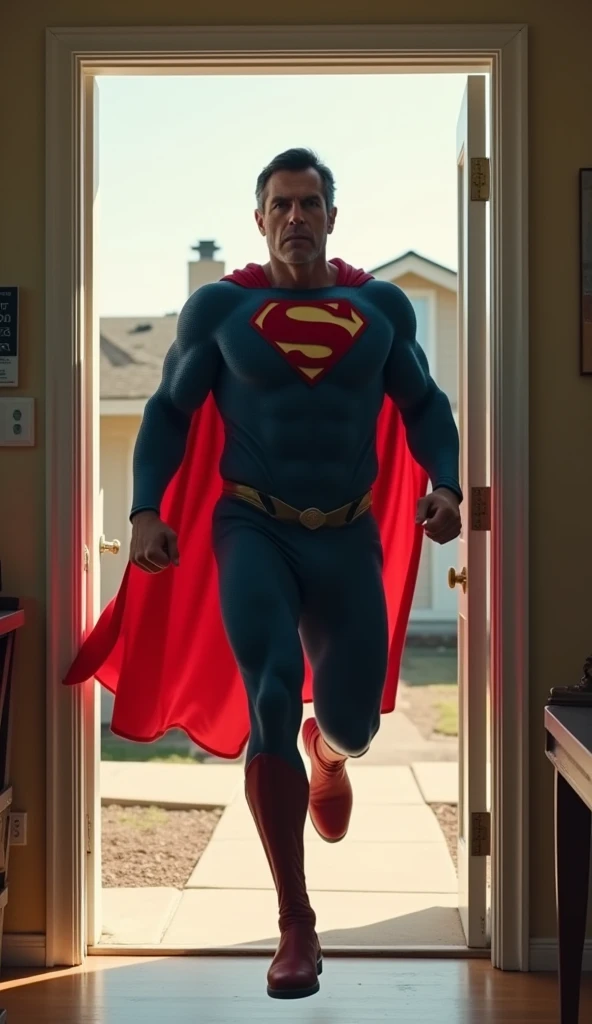 **The 50-year-old man, now transformed into Superman, leaps off the sofa and rushes out the front door of his house, the iconic cape flowing behind him as he steps outside, ready to embrace his newfound powers.**