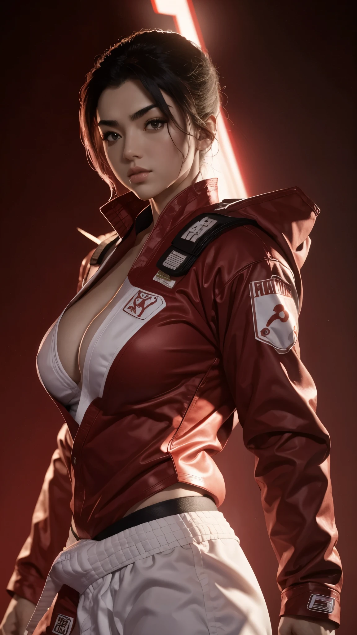 Payton ready with karate suit, in fighting stance, big breasts, a gradient background in red tones. low-cut