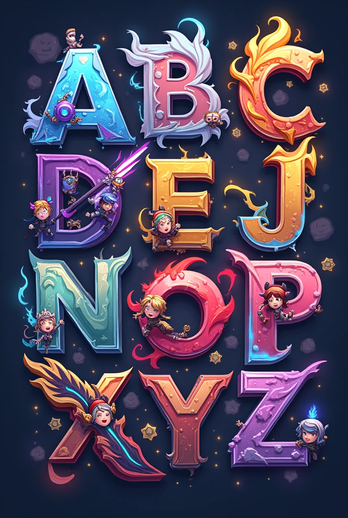 Create a stylized alphabet in mobile legends bang bang Each letter inspired by a different hero Without being letters 