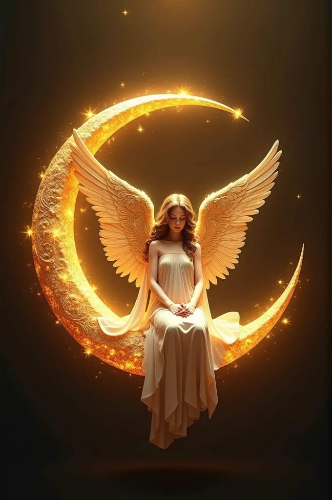 Logo : angel sitting on a crescent moon in golden tones